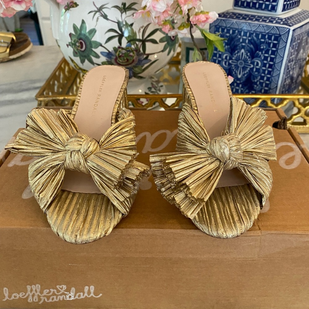 Beautiful gold Loeffler Randall sandal in a gold Emilia style pleated bow heel.